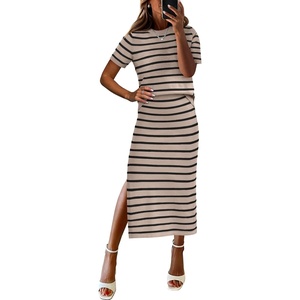 image:imageANRABESS Womens 2 Piece Striped Sweater Skirt Set  Comfy Knit Matching Outfit Short Sleeve Top amp Midi Pencil Skirt Summer Fall Spring Clothes for Work Casual Outing TravelBeige Black