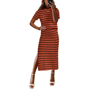 image:imageANRABESS Womens 2 Piece Striped Sweater Skirt Set  Comfy Knit Matching Outfit Short Sleeve Top amp Midi Pencil Skirt Summer Fall Spring Clothes for Work Casual Outing TravelBrick Red Black Stripe