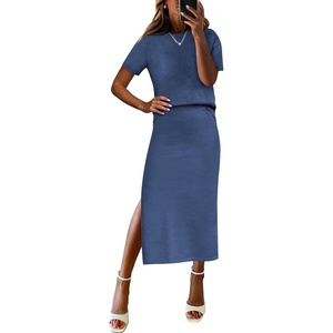 image:imageANRABESS Womens 2 Piece Striped Sweater Skirt Set  Comfy Knit Matching Outfit Short Sleeve Top amp Midi Pencil Skirt Summer Fall Spring Clothes for Work Casual Outing TravelDark Blue