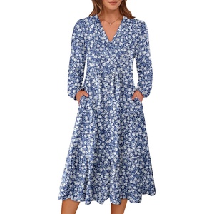 image:imageANRABESS Womens Fall Long Sleeve Boho Floral Tiered Midi Dress  VNeck Lantern Sleeve ALine Dresses with Pockets Comfy Stretchy Casual Work Vacation Daily Wear Winter Spring OutfitsFloral Blue