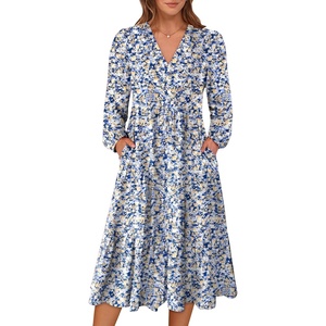 image:imageANRABESS Womens Fall Long Sleeve Boho Floral Tiered Midi Dress  VNeck Lantern Sleeve ALine Dresses with Pockets Comfy Stretchy Casual Work Vacation Daily Wear Winter Spring OutfitsFloral Blue Yellow