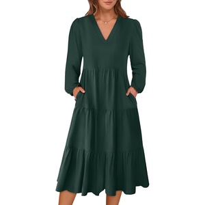 image:imageANRABESS Womens Fall Long Sleeve Boho Floral Tiered Midi Dress  VNeck Lantern Sleeve ALine Dresses with Pockets Comfy Stretchy Casual Work Vacation Daily Wear Winter Spring OutfitsDark Green