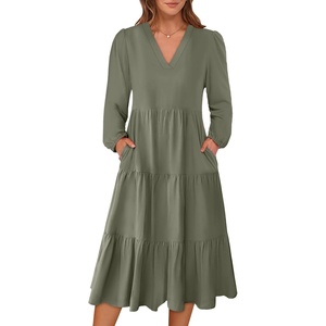 image:imageANRABESS Womens Fall Long Sleeve Boho Floral Tiered Midi Dress  VNeck Lantern Sleeve ALine Dresses with Pockets Comfy Stretchy Casual Work Vacation Daily Wear Winter Spring OutfitsOlive Green