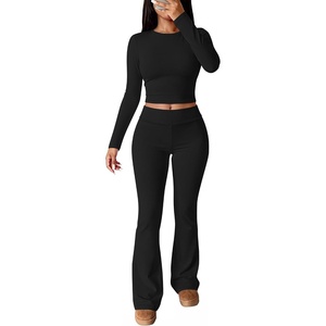 image:imageANRABESS Womens Fleece Lined 2 Piece Matching Lounge Set  Fall OutfitsVacation Airport TravelSoft Comfy Long Sleeve Crop TopFold Over Flare Leggings PantsThermal Warm Winter LayerBlack