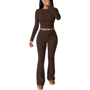 image:imageANRABESS Womens Fleece Lined 2 Piece Matching Lounge Set  Fall OutfitsVacation Airport TravelSoft Comfy Long Sleeve Crop TopFold Over Flare Leggings PantsThermal Warm Winter LayerBrown