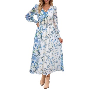 image:imageANRABESS Womens Floral Fall Wedding Guest Maxi Dress  Long Puff Sleeve V Neck Smocked WaistChiffon Lined Flowy Aline Boho DressCasual Travel OutfitsGarden Tea Party ClothesFloral Blue