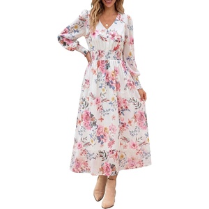 image:imageANRABESS Womens Floral Fall Wedding Guest Maxi Dress  Long Puff Sleeve V Neck Smocked WaistChiffon Lined Flowy Aline Boho DressCasual Travel OutfitsGarden Tea Party ClothesFloral Pink