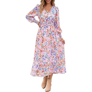 image:imageANRABESS Womens Floral Fall Wedding Guest Maxi Dress  Long Puff Sleeve V Neck Smocked WaistChiffon Lined Flowy Aline Boho DressCasual Travel OutfitsGarden Tea Party ClothesCrayon Multicolored Floral