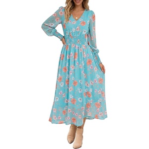 image:imageANRABESS Womens Floral Fall Wedding Guest Maxi Dress  Long Puff Sleeve V Neck Smocked WaistChiffon Lined Flowy Aline Boho DressCasual Travel OutfitsGarden Tea Party ClothesOrange White Floral
