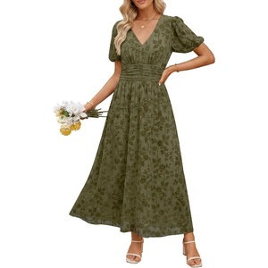 image:imageANRABESS Womens Floral Maxi Formal Dress Summer Mesh Short Sleeve V Neck Empire Waist Wedding Guest Party Dresses Army Green Floral Medium