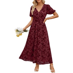 image:imageANRABESS Womens Floral Maxi Formal Dress Summer Mesh Short Sleeve V Neck Empire Waist Wedding Guest Party Dresses Burgundy Small
