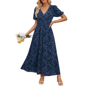 image:imageANRABESS Womens Floral Maxi Formal Dress Summer Mesh Short Sleeve V Neck Empire Waist Wedding Guest Party Dresses Navy Blue Floral Large