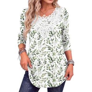 image:imageANRABESS Womens Long Sleeve Shirts Lace Fall Tunic Tops  Scalloped V Neck Floral Print Blouses Soft Regular Fit Business Office Travel Outfits Dressy Casual 2026 Winter ClothesWhite Green Leaf