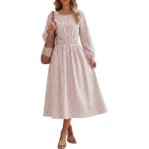image:imageANRABESS Womens Long Sleeve Striped Fall Midi Dress with Pockets  Casual Flowy A Line Elastic Waist Crewneck Work Office Teacher Dresses Beach Travel Vacation Outfits Fall Spring ClothesLight Brown White Stripe