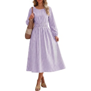 image:imageANRABESS Womens Long Sleeve Striped Fall Midi Dress with Pockets  Casual Flowy A Line Elastic Waist Crewneck Work Office Teacher Dresses Beach Travel Vacation Outfits Fall Spring ClothesPurple White Stripe