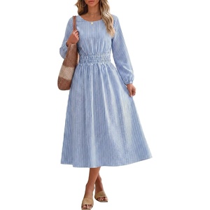 image:imageANRABESS Womens Long Sleeve Striped Fall Midi Dress with Pockets  Casual Flowy A Line Elastic Waist Crewneck Work Office Teacher Dresses Beach Travel Vacation Outfits Fall Spring ClothesBlue White Stripe