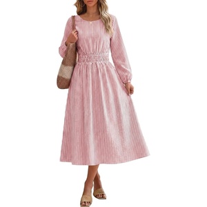 image:imageANRABESS Womens Long Sleeve Striped Fall Midi Dress with Pockets  Casual Flowy A Line Elastic Waist Crewneck Work Office Teacher Dresses Beach Travel Vacation Outfits Fall Spring ClothesLightcoral White Stripe