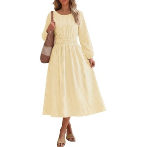 image:imageANRABESS Womens Long Sleeve Striped Fall Midi Dress with Pockets  Casual Flowy A Line Elastic Waist Crewneck Work Office Teacher Dresses Beach Travel Vacation Outfits Fall Spring ClothesYellow White Stripe