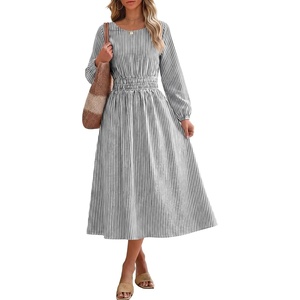 image:imageANRABESS Womens Long Sleeve Striped Fall Midi Dress with Pockets  Casual Flowy A Line Elastic Waist Crewneck Work Office Teacher Dresses Beach Travel Vacation Outfits Fall Spring ClothesBlack White Stripe