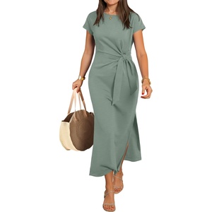 image:imageANRABESS Womens Summer WrinkleFree Maxi Dress  Crew Neck Tie Waist Split Fit Long Fashion Dresses Casual Dressy Travel Vacation Outfits 2026 Fall LayerLight Green