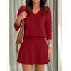 image:imageANRABESS Skirt Sets for Women Fall 2 piece Outfits  Long Sleeve V Neck Pullover Top Pleated Mini Skirt Comfy Matching Lounge Wear 2026 Casual Travel Trendy Winter Sweater SetRed