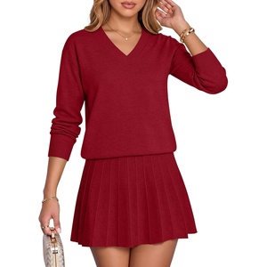 image:imageANRABESS Skirt Sets for Women Fall 2 piece Outfits  Long Sleeve V Neck Pullover Top Pleated Mini Skirt Comfy Matching Lounge Wear 2026 Casual Travel Trendy Winter Sweater SetRed