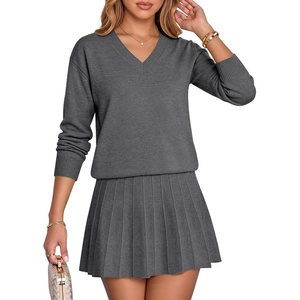 image:imageANRABESS Skirt Sets for Women Fall 2 piece Outfits  Long Sleeve V Neck Pullover Top Pleated Mini Skirt Comfy Matching Lounge Wear 2026 Casual Travel Trendy Winter Sweater SetDark Grey
