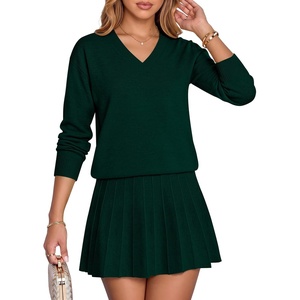 image:imageANRABESS Skirt Sets for Women Fall 2 piece Outfits  Long Sleeve V Neck Pullover Top Pleated Mini Skirt Comfy Matching Lounge Wear 2026 Casual Travel Trendy Winter Sweater SetDark Green