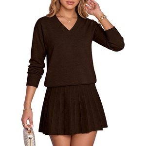 image:imageANRABESS Skirt Sets for Women Fall 2 piece Outfits  Long Sleeve V Neck Pullover Top Pleated Mini Skirt Comfy Matching Lounge Wear 2026 Casual Travel Trendy Winter Sweater SetCoffee