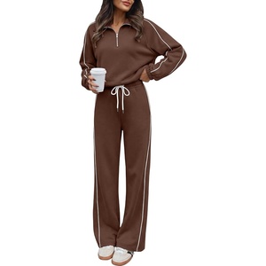 image:imageANRABESS Sweatsuits for Women 2 Piece Outfit 2026 Fall Matching Lounge Sets  Striped Quarter Zip Fleece Pullover Sweat Set Wide Leg Sweatpants amp Pockets Trendy Fashion Track Suits Cozy Winter ClothesCoffee