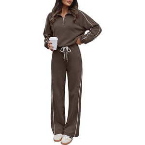 image:imageANRABESS Sweatsuits for Women 2 Piece Outfit 2026 Fall Matching Lounge Sets  Striped Quarter Zip Fleece Pullover Sweat Set Wide Leg Sweatpants amp Pockets Trendy Fashion Track Suits Cozy Winter ClothesBrown