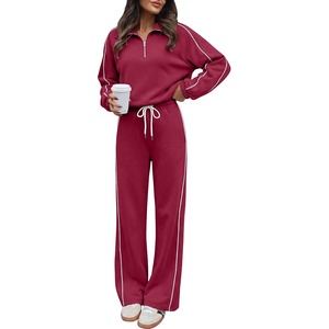 image:imageANRABESS Sweatsuits for Women 2 Piece Outfit 2026 Fall Matching Lounge Sets  Striped Quarter Zip Fleece Pullover Sweat Set Wide Leg Sweatpants amp Pockets Trendy Fashion Track Suits Cozy Winter ClothesBurgundy