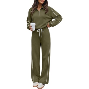 image:imageANRABESS Sweatsuits for Women 2 Piece Outfit 2026 Fall Matching Lounge Sets  Striped Quarter Zip Fleece Pullover Sweat Set Wide Leg Sweatpants amp Pockets Trendy Fashion Track Suits Cozy Winter ClothesArmy Green