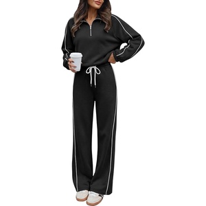 image:imageANRABESS Sweatsuits for Women 2 Piece Outfit 2026 Fall Matching Lounge Sets  Striped Quarter Zip Fleece Pullover Sweat Set Wide Leg Sweatpants amp Pockets Trendy Fashion Track Suits Cozy Winter ClothesBlack