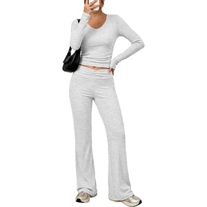 image:imageANRABESS Womens 2 Piece Outfits 2026 Fall Lounge Matching Set  Comfy Casual Cute Workout Set SideRuched Top amp HighWaist Flared Pants Loungewear Fashion Clothing for Airport TravelLight Grey