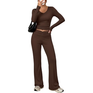 image:imageANRABESS Womens 2 Piece Outfits 2026 Fall Lounge Matching Set  Comfy Casual Cute Workout Set SideRuched Top amp HighWaist Flared Pants Loungewear Fashion Clothing for Airport TravelDark Brown