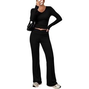 image:imageANRABESS Womens 2 Piece Outfits 2026 Fall Lounge Matching Set  Comfy Casual Cute Workout Set SideRuched Top amp HighWaist Flared Pants Loungewear Fashion Clothing for Airport TravelBlack