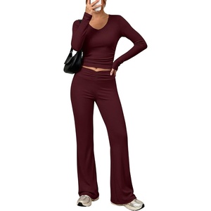 image:imageANRABESS Womens 2 Piece Outfits 2026 Fall Lounge Matching Set  Comfy Casual Cute Workout Set SideRuched Top amp HighWaist Flared Pants Loungewear Fashion Clothing for Airport TravelDeep Red
