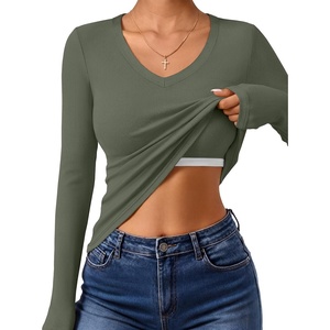 image:imageANRABESS Womens Long Sleeve Built in Bra Tops Fall V Neck Fitted T Shirts  Slight Support Removable Pad Stretchy Ribbed Knit Basic Tee Going Out Work Outfits 2026 Casual Trendy Winter LayeringArmy Green