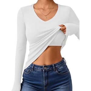 image:imageANRABESS Womens Long Sleeve Built in Bra Tops Fall V Neck Fitted T Shirts  Slight Support Removable Pad Stretchy Ribbed Knit Basic Tee Going Out Work Outfits 2026 Casual Trendy Winter LayeringWhite
