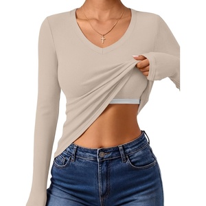 image:imageANRABESS Womens Long Sleeve Built in Bra Tops Fall V Neck Fitted T Shirts  Slight Support Removable Pad Stretchy Ribbed Knit Basic Tee Going Out Work Outfits 2026 Casual Trendy Winter LayeringBeige