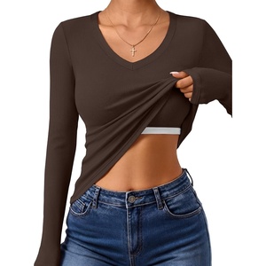 image:imageANRABESS Womens Long Sleeve Built in Bra Tops Fall V Neck Fitted T Shirts  Slight Support Removable Pad Stretchy Ribbed Knit Basic Tee Going Out Work Outfits 2026 Casual Trendy Winter LayeringBrown