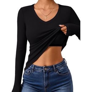 image:imageANRABESS Womens Long Sleeve Built in Bra Tops Fall V Neck Fitted T Shirts  Slight Support Removable Pad Stretchy Ribbed Knit Basic Tee Going Out Work Outfits 2026 Casual Trendy Winter LayeringBlack
