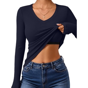 image:imageANRABESS Womens Long Sleeve Built in Bra Tops Fall V Neck Fitted T Shirts  Slight Support Removable Pad Stretchy Ribbed Knit Basic Tee Going Out Work Outfits 2026 Casual Trendy Winter LayeringNavy Blue