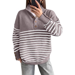 image:imageANRABESS Womens Long Sleeve Striped Henley Fall Sweater  Turtle Neck Button Placket Soft Pullover Top Loose Fit Trendy Business Casual Work WearFall Fashion Winter ClothingNutmeg White Stripe