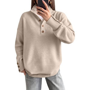 image:imageANRABESS Womens Long Sleeve Striped Henley Fall Sweater  Turtle Neck Button Placket Soft Pullover Top Loose Fit Trendy Business Casual Work WearFall Fashion Winter ClothingAlmond