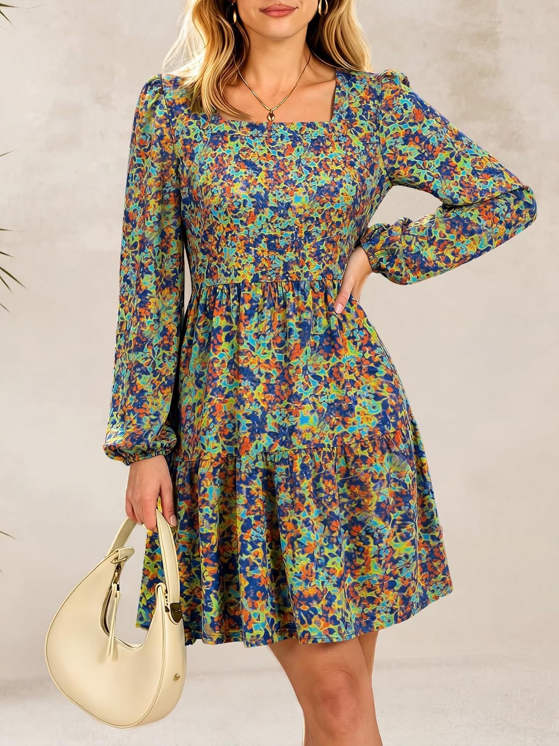 image:imageANRABESS Womens Fall Long Sleeve Square Neck Short DressMulticolored Floral