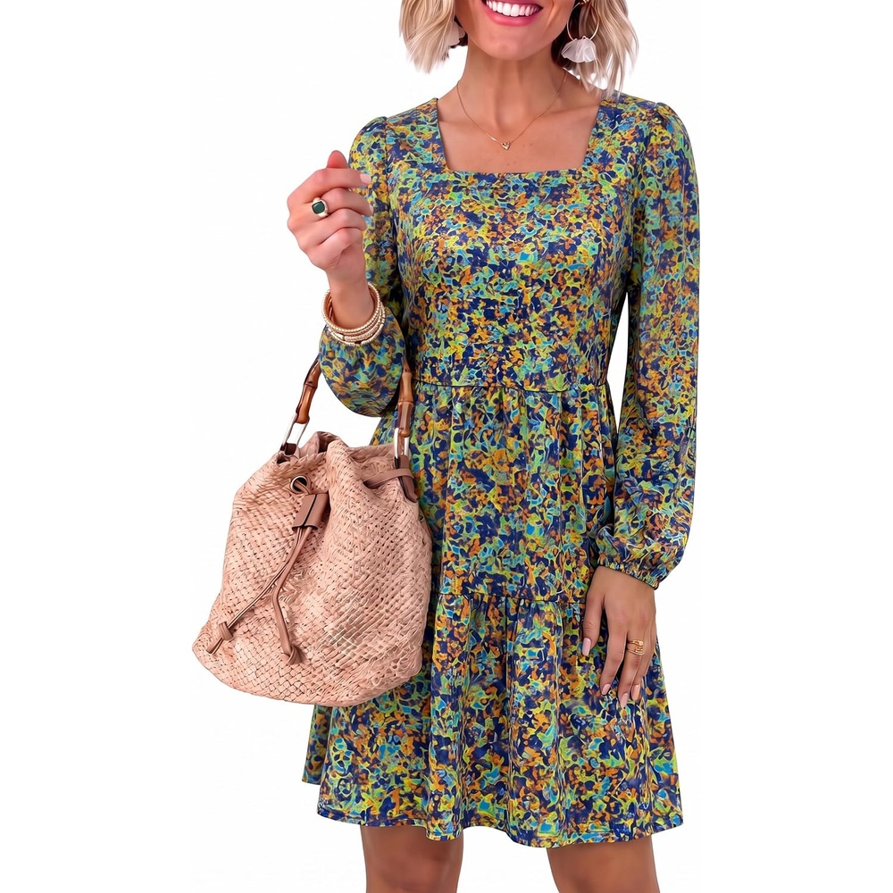 image:imageANRABESS Womens Fall Long Sleeve Square Neck Short DressMulticolored Floral