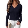 image:imageANRABESS Sweaters for Women Fall Lightweight Cropped V Neck Cable KnitNavy Blue