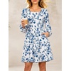 image:imageANRABESS Womens Fall Long Sleeve Square Neck Short DressBlue White Floral